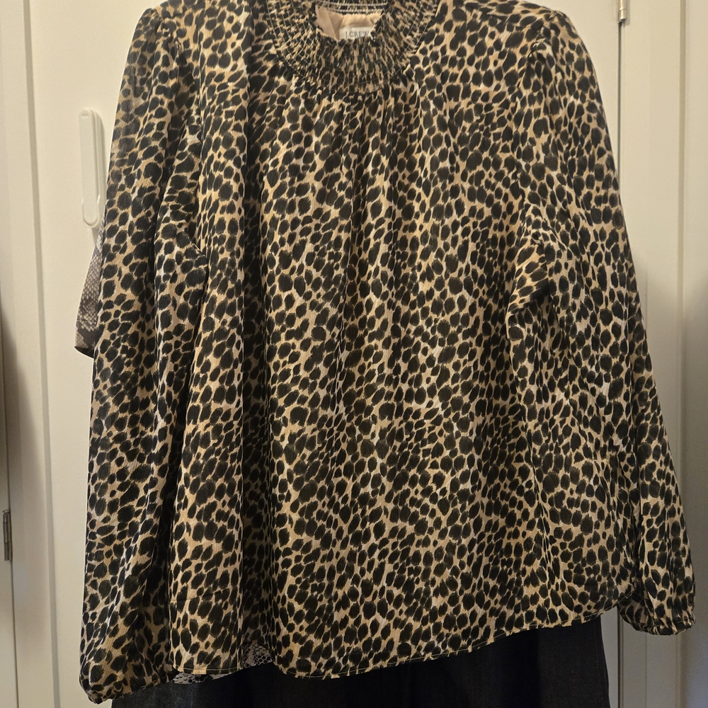 J. Crew Leopard Print Smocked Neck Blouse in Tan and Black